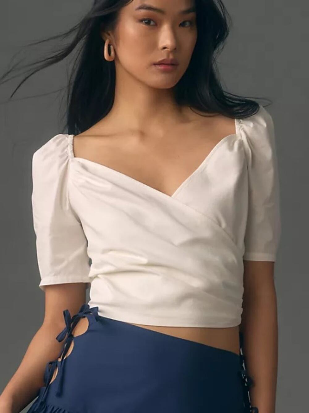 Anthropologie White Wrap Front Puff Sleeve Top